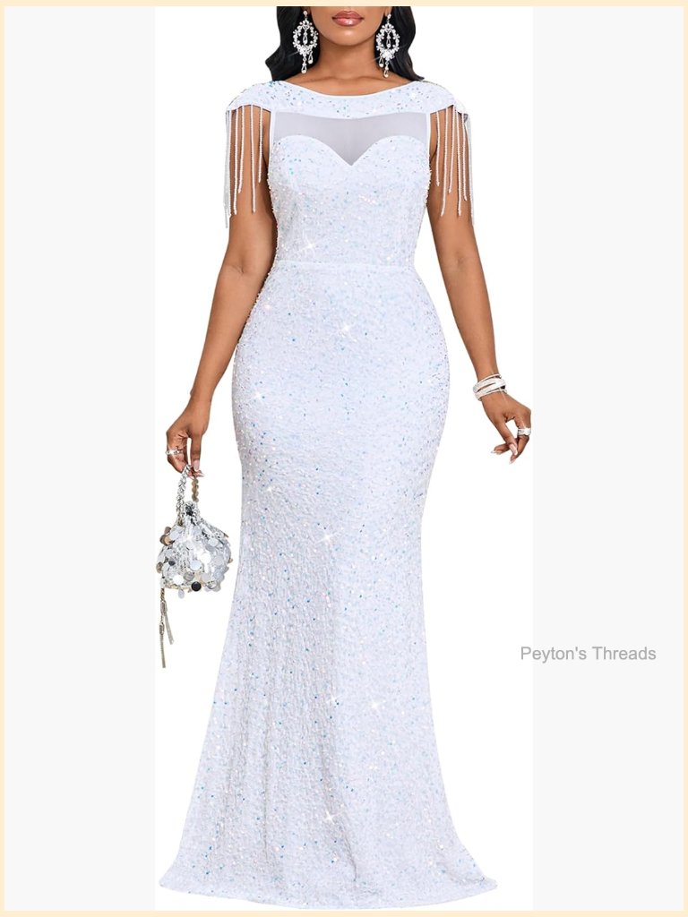 Sequin Mesh Perspective Bodycon Maxi Dress Party Gown